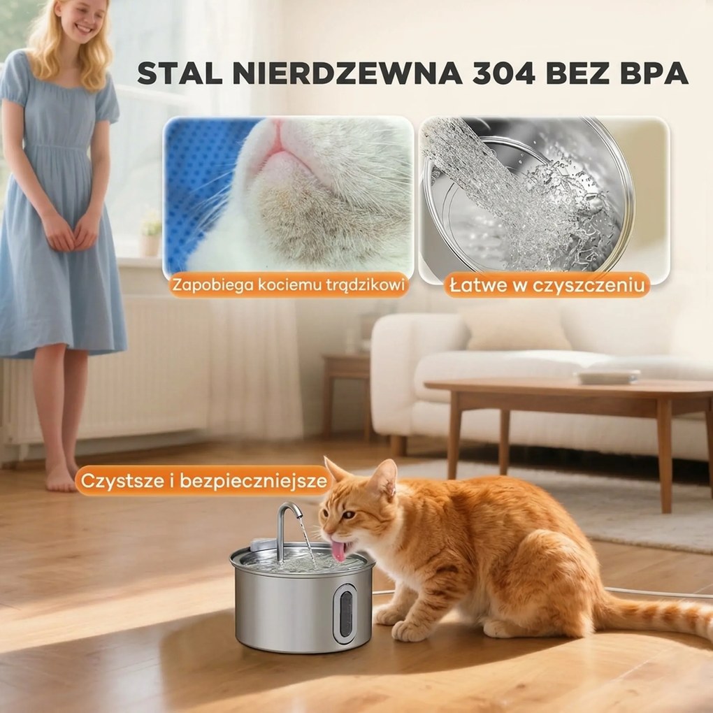 PawHut Fontanna dla kotów 2,5L z Cichą Pompą, Filtr węglowy LED 19,4 x 19,4 x 18,7 cm