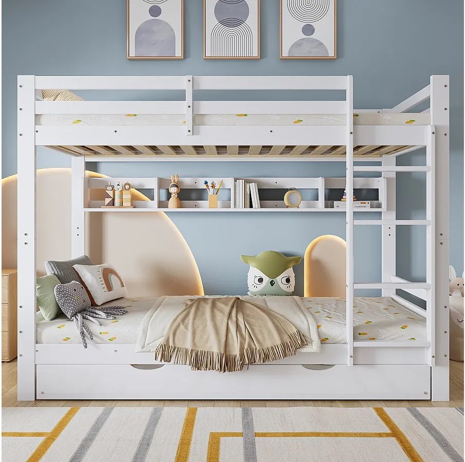 Łóżko piętrowe dla dzieci - 2 x 90 x 200 cm - z łóżkiem wysuwanym 90 x 190 cm + półki - sosna + MDF + sklejka - białe