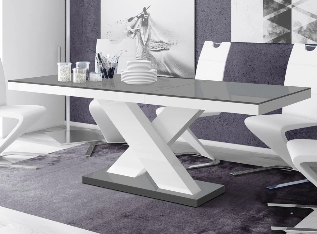 Stół rozkładany w wysokim połysku Xenon z szarym blatem na białej nodze