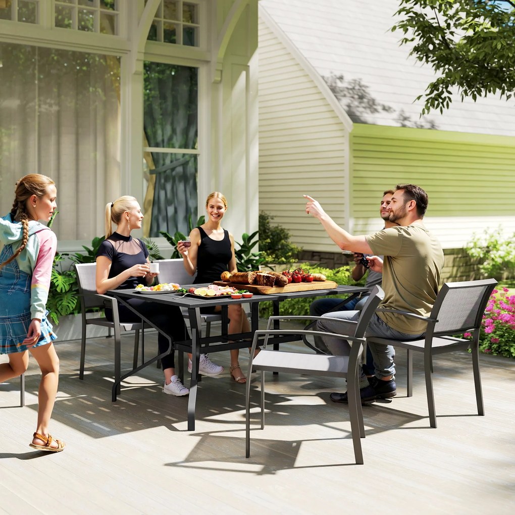 Outsunny Stół ogrodowy ze stali 150x90 cm Odporny na warunki atmosferyczne, z otworem na parasol, dla 6 osób, czarny