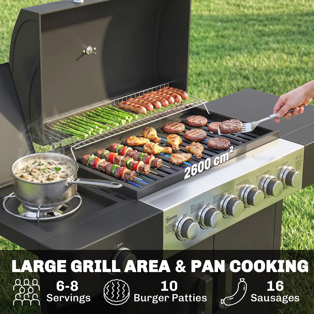 Outsunny Grill gazowy 17,8 kW 6+1 palników Wózek BBQ ze stali nierdzewnej z kółkami Palnik boczny Termometr Emaliowany ruszt | Aosom PL