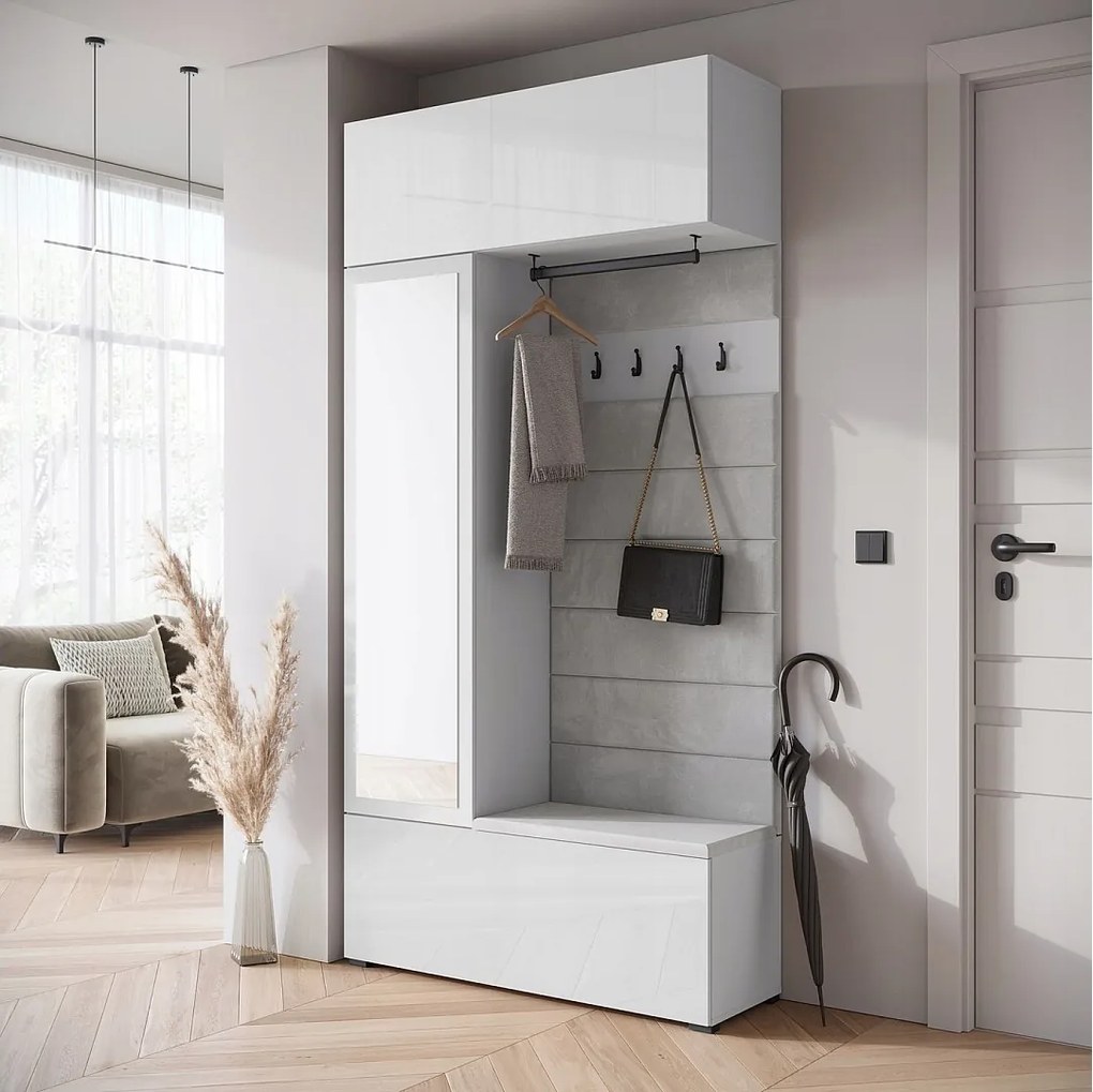 Nowoczesna garderoba szafa do przedpokoju z lustrem siedziskiem i półkami fronty biały połysk korpus Biały mat