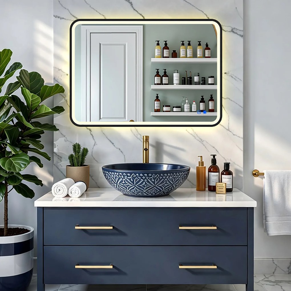 Zaokrąglone lustro z podświetleniem LED w czarnej aluminiowej ramie