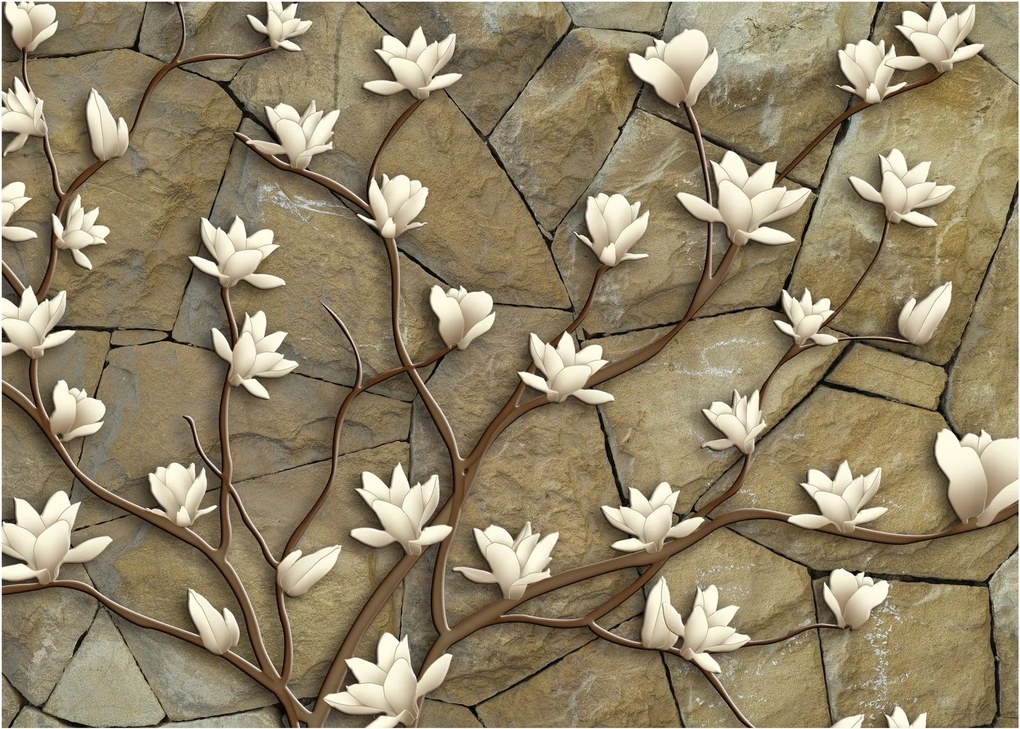Obraz na szkle - Białe magnolie na murze kamiennym (70x50 cm)