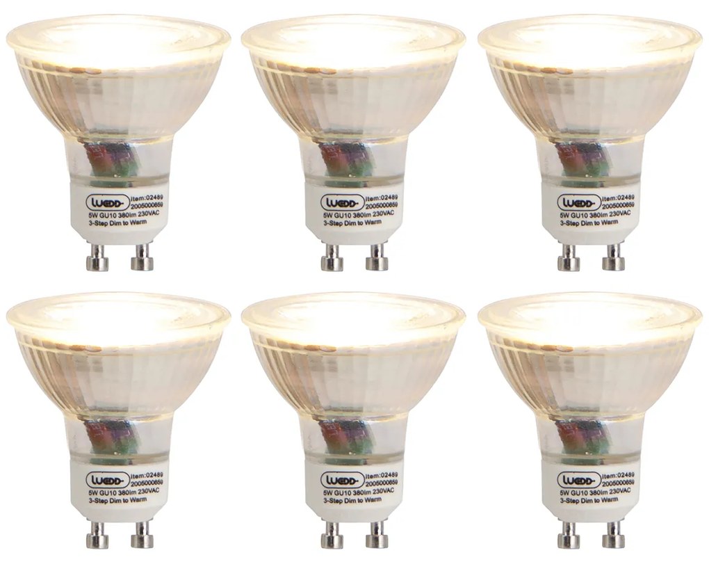 Zestaw 6 żarówek LED GU10 3-stopniowo przyciemnianych do ciepłego światła 5W 380lm 2000-2700K