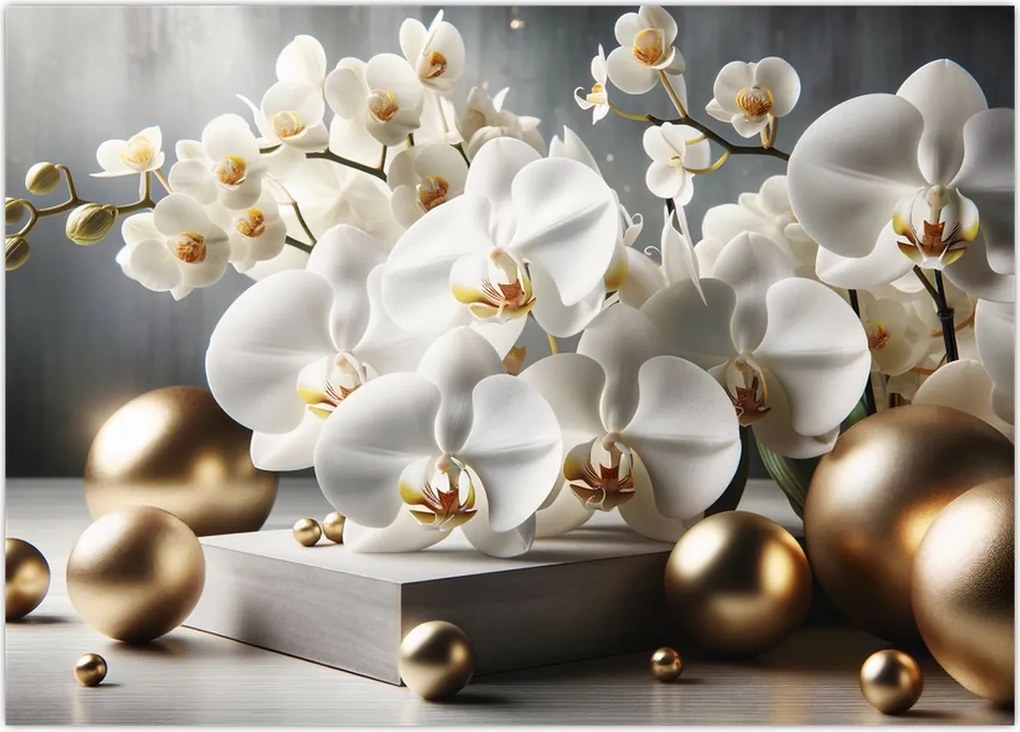 Obraz na szkle - Orchidea i złote kule (70x50 cm)