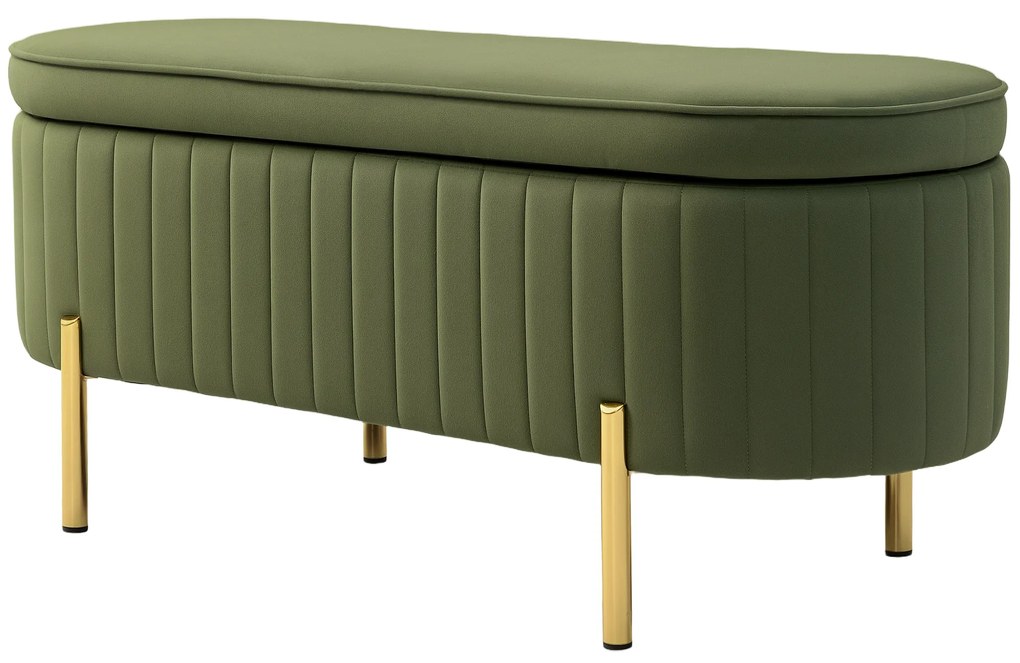 HOMCOM Ławka do przechowywania Owalna z 72L pojemności i otwieranym przykryciem w aksamicie i drewnie, 108x44x43,5 cm, Zielona