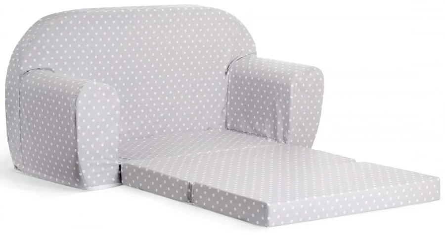 Mini sofka dla dzieci, piankowa 77x35cm rozkładana - szary w białe kropki