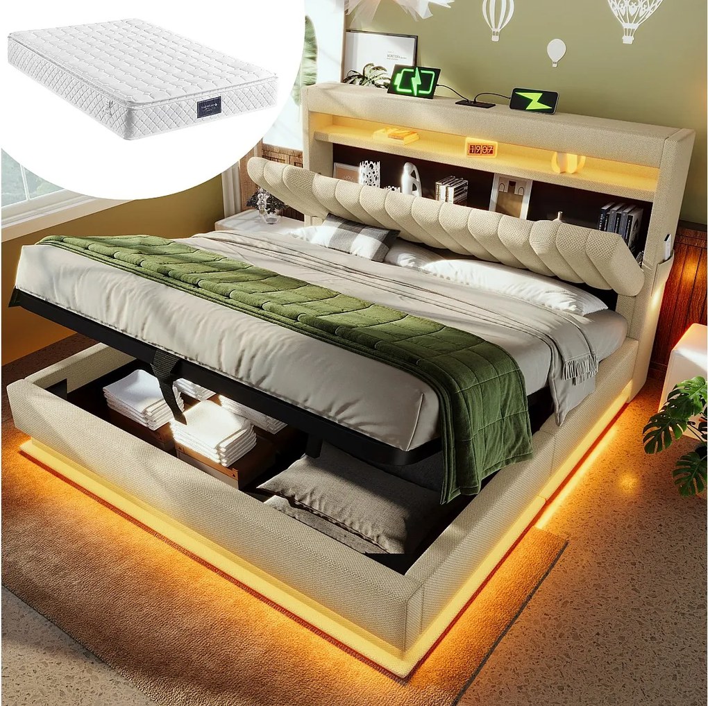 Łóżko tapicerowane ze schowkiem - 140 x 200 cm - zagłówek ze schowkiem z USB i Type-C - z diodami LED - z materacem - len - beż