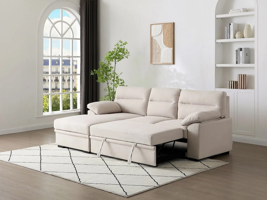 Kanapa narożna lewostronna z beżowej tkaniny z podstawką pod napój  ULENIO