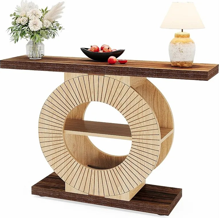 100 cm stolik konsolowy ze schowkiem – drewniany stolik do przedpokoju, do salonu, z półkami i okrągłą podstawą