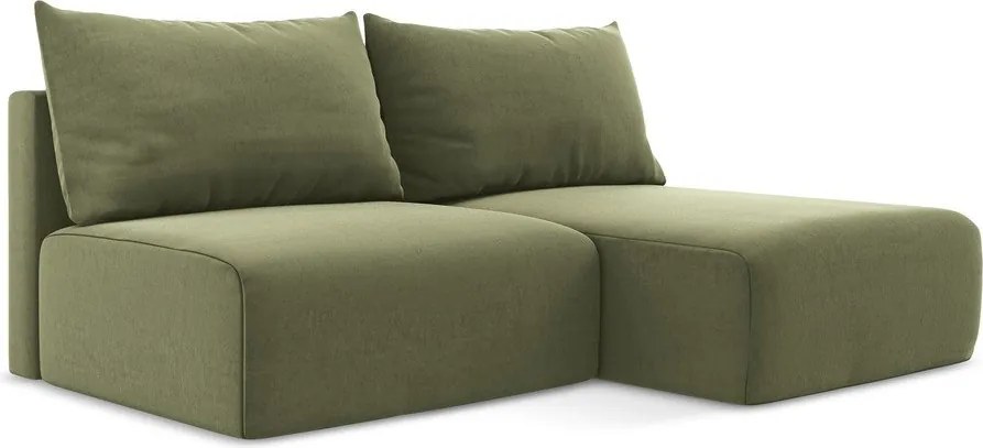 Zielony aksamitny rozkładany narożnik ze schowkiem (prawostronny/z szezlongiem) Kalena – Makamii