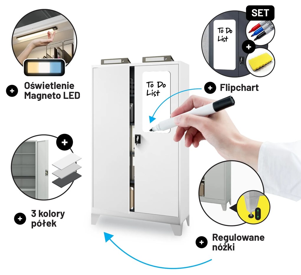Szafa biurowa metalowa na akta biała JAN II, 1150 x 1850 x 400 mm