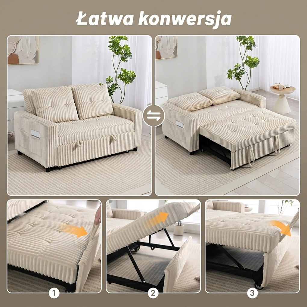 HOMCOM Sofa 2-osobowa z funkcją spania, sztruks, rozkładana, 2 poduszki, kieszenie boczne, 157 x 190 cm, Cremeweiß