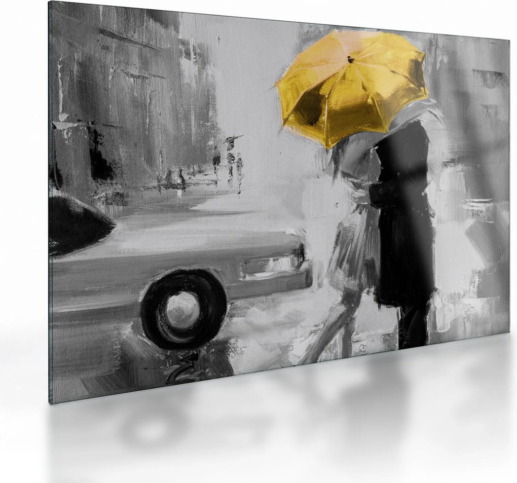 Obraz na szkle - Zakochana para pod parasolem, żółty (70x50 cm)