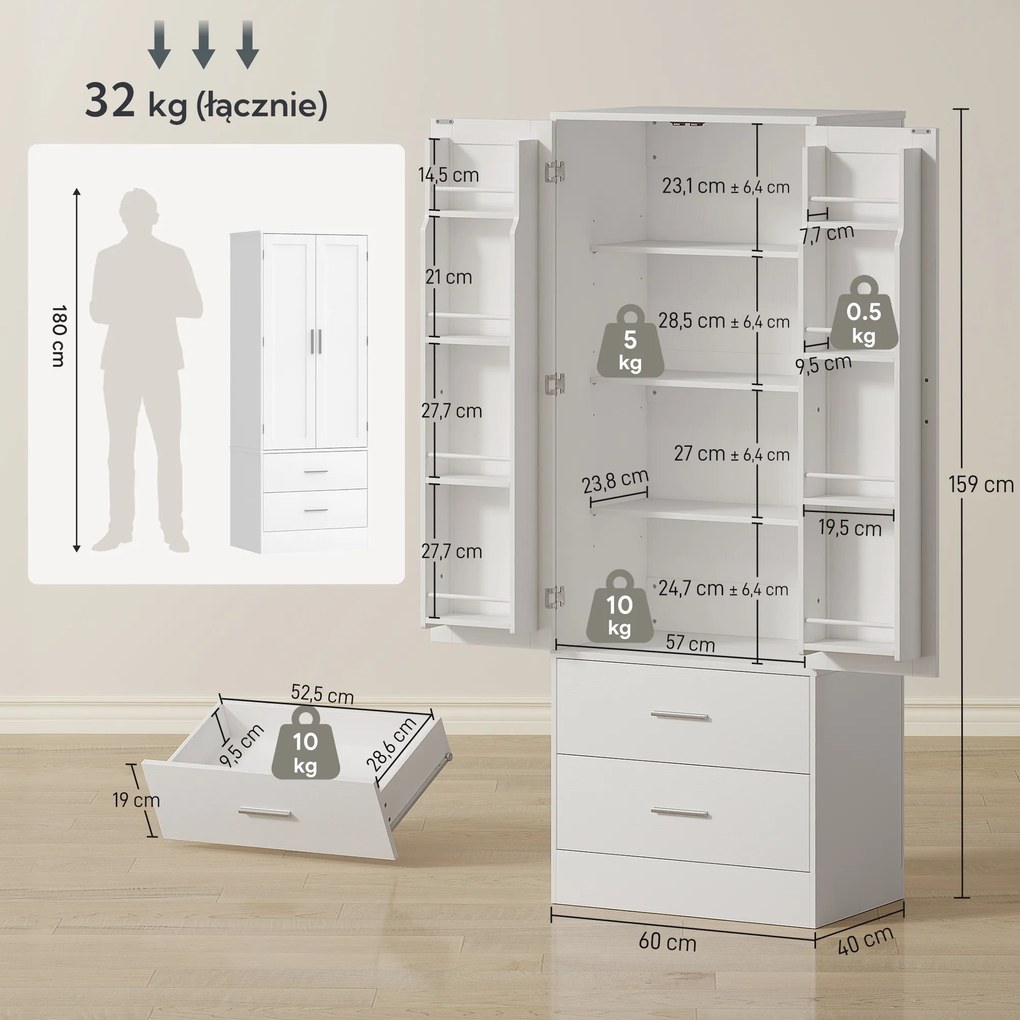 HOMCOM Szafka kuchenna 159 cm, regulowane półki, 2 szuflady, do kuchni, jadalni, płyta wiórowa, MDF, biały