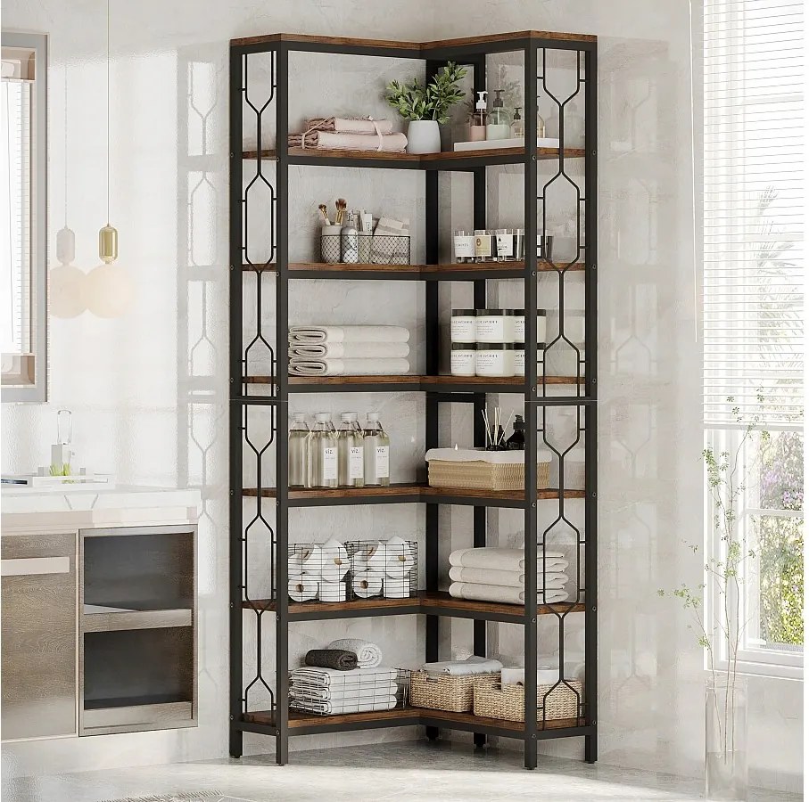 Narożny regał na książki, 7-poziomowy regał industrialny, półki narożne z drewna i metalu, wolnostojący regał ekspozycyjny do salonu