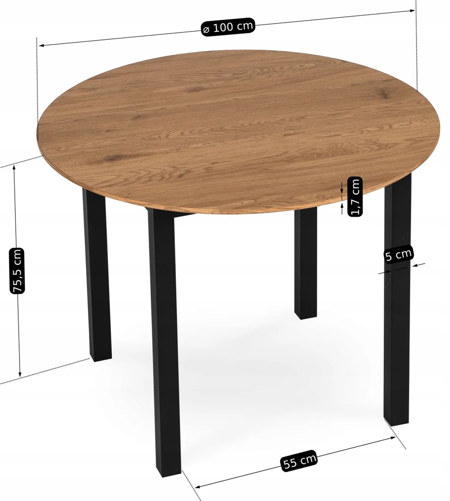 Stół Okrągły TEO 100 cm Dąb Złoty/Czarny do Jadalni Salonu Nowoczesny Loft