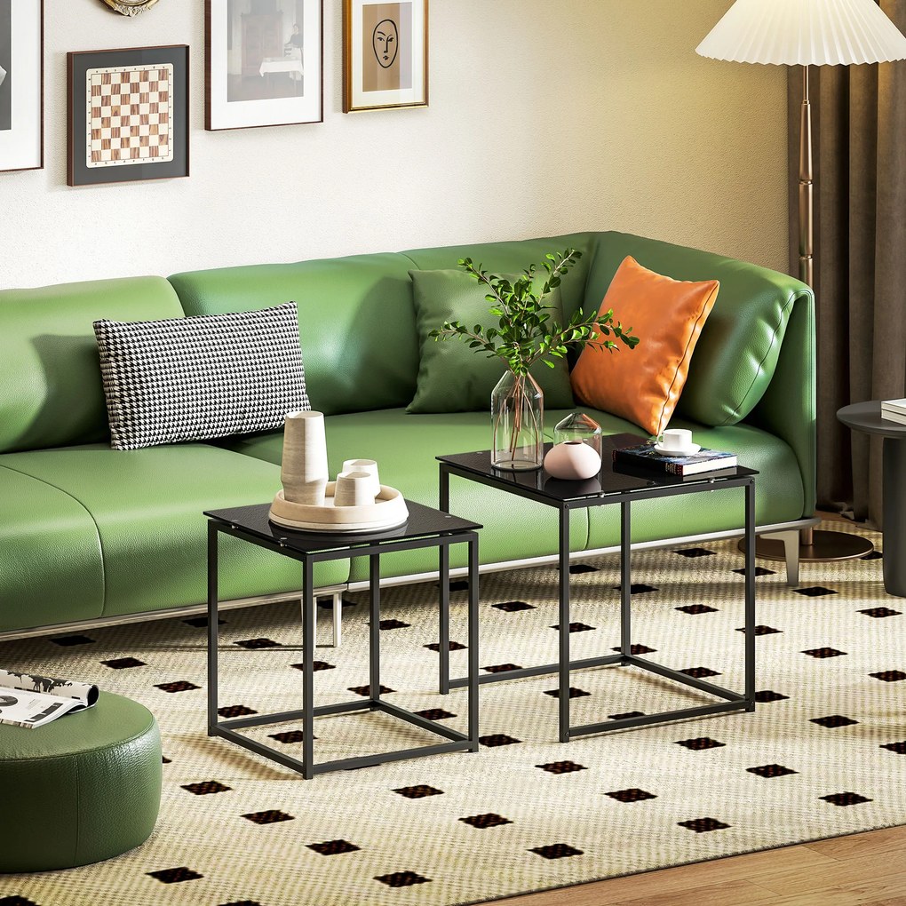 HOMCOM Zestaw 2 stolików pomocniczych, nowoczesny design, układane, stolik ze szkła, czarny