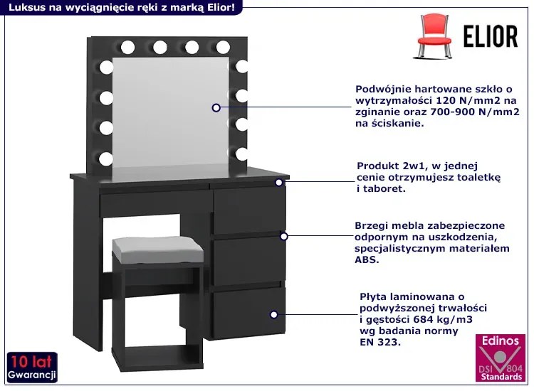 Czarna Toaletka Podświetlana Do Makijażu Z Lustrem I Taboretem Ziftos 6X