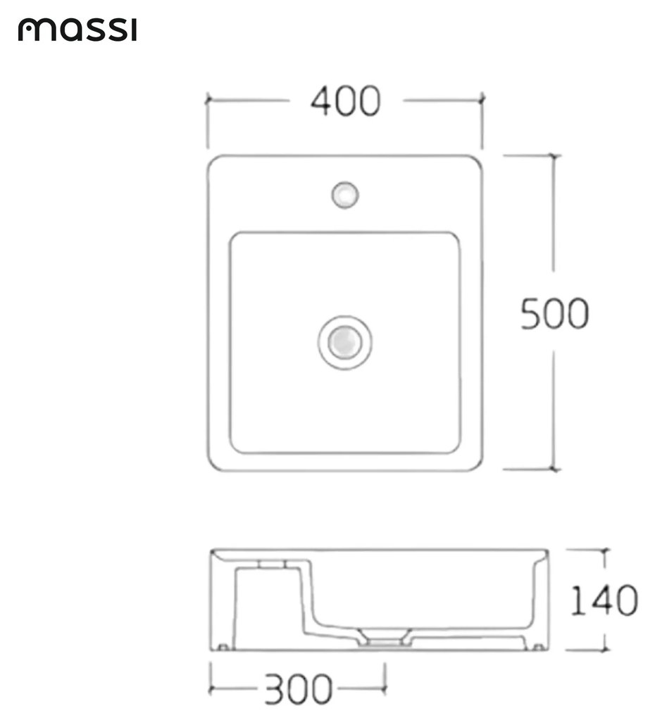 Umywalka nablatowa prostokątna biała z otworem z półką na mydło 40 x 50 cm MERA