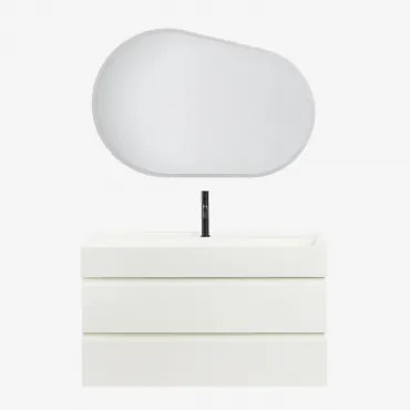 Zestaw Wiszących Mebli Łazienkowych Z Drewna I Forniru Jesionowego Zintegrowany Z Umywalką Ona Biała & Prostokątna - Sklum