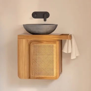 Zestaw Mebli Łazienkowych Wiszących Na Ścianie Z Drewna Tekowego Georgy Drewno Tekowe & Okrągły Szary Cement Ø40 - Sklum