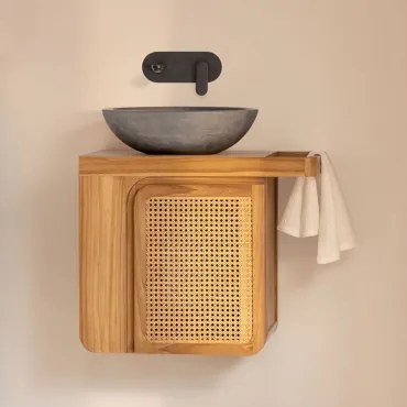 Zestaw Wiszących Mebli Łazienkowych Z Drewna Tekowego Georgy Drewno Tekowe & Okrągły Szary Cement Ø40 Cm Tarsis - Sklum