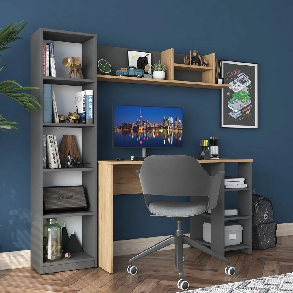 Biurko z regałem Hado Walnut and Anthracite