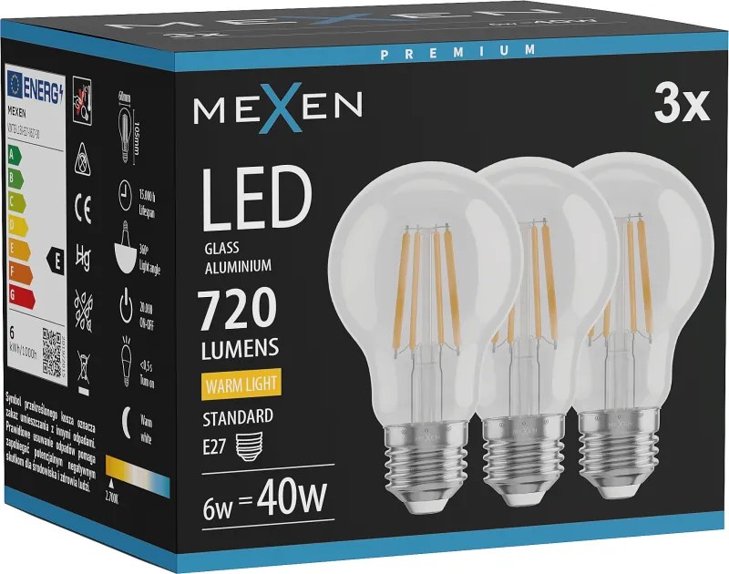 Mexen Vintis 3x żarówka filament LED E27, A60, 6W, Ciepła - 2700K, 720 lm, clear - L150-E27-0627-00x03