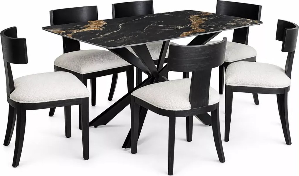 Luksusowy stół z nowoczesną czarną metalową podstawą i ceramicznym blatem imitacja granitu