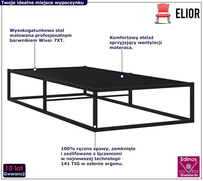 Czarne Loftowe Łóżko Metalowe 90X200 Cm Fribon