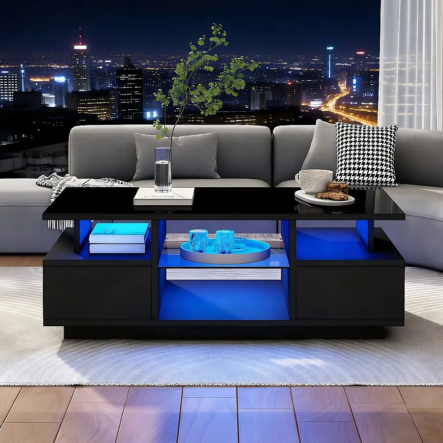 Stolik kawowy lakierowany na wysoki połysk - 100 x 50 x 36 cm - z 2 szufladami + diody LED + szklana przegroda - płyta wiórowa - czarny