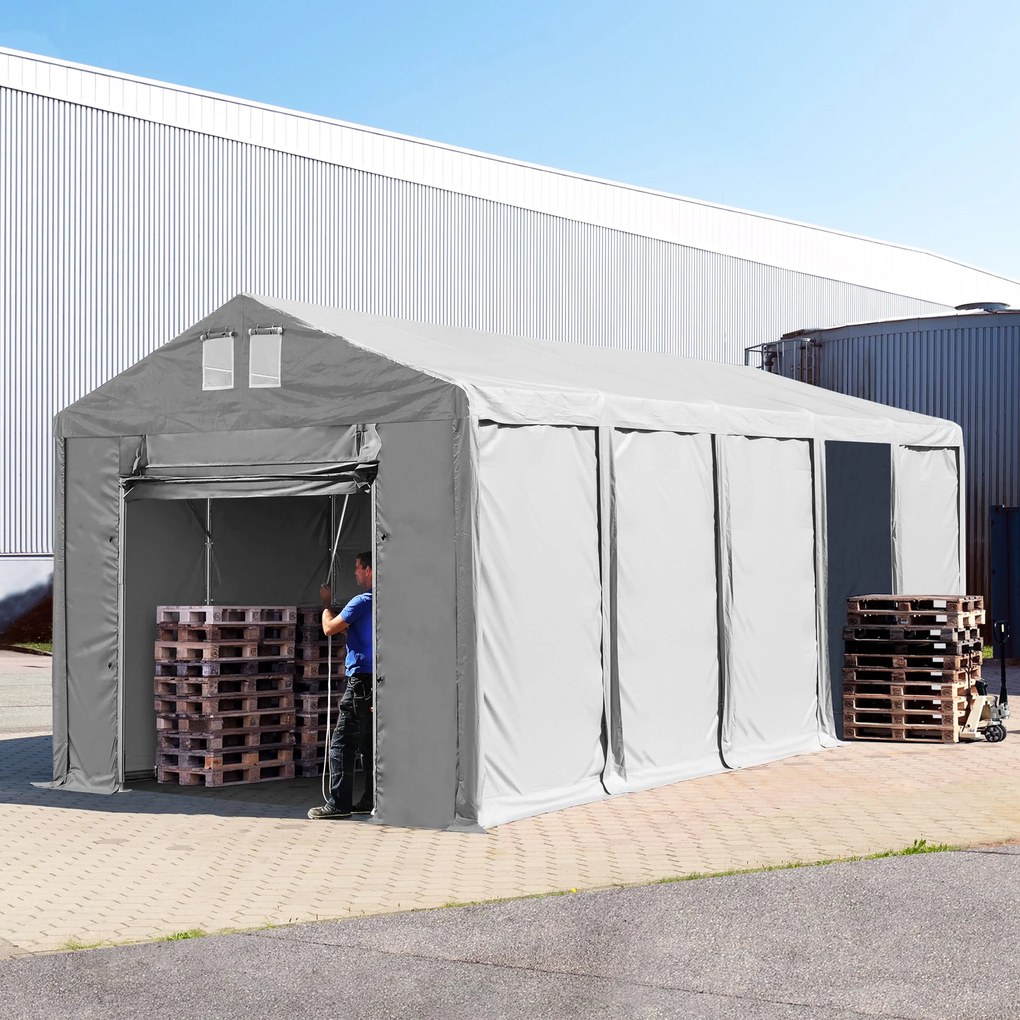 TOOLPORT 4x10m Namiot magazynowy - 3,0 m wysokość ścian bocznych z podciąganą do góry bramą, PVC 850, szary, ze statyką (podłoże betonowe) - (94014)