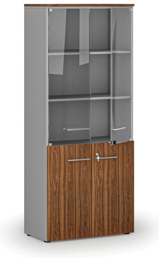 Szafa biurowa kombinowana PRIMO GRAY z drzwiami drewnianymi i szklanymi, 800 x 420 x 1781 mm, szary/orzech