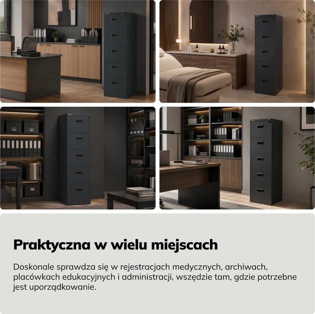 Szafa kartotekowa metalowa z 5 szufladami antracytowa, 460x1625.5x600 mm: SARA V5