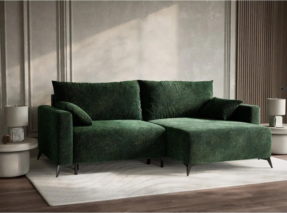 Ciemnozielony rozkładany narożnik ze schowkiem z tkaniny szenilowej (prawostronny/z szezlongiem) Leon – Maison de Rêve