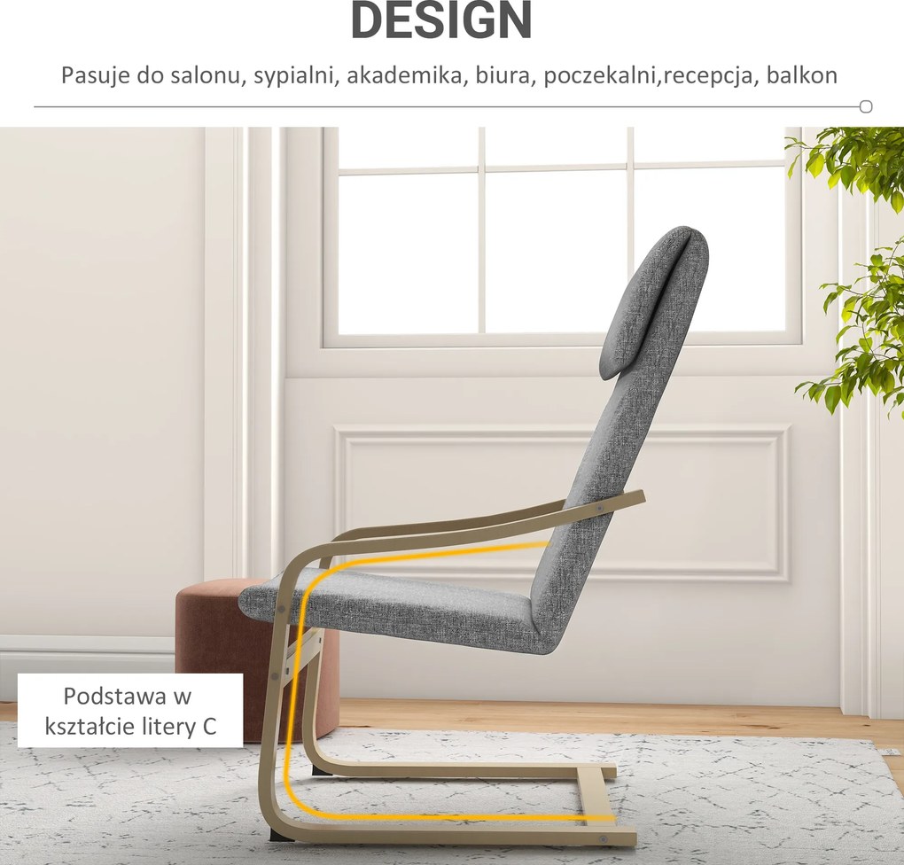 HOMCOM Fotel Relaksacyjny Szary Lniany Pokrycie z Drewnianym Stelażem Komfortowe Siedzisko z Podłokietnikami | Aosom PL