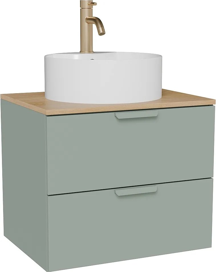 Wisząca szafka łazienkowa z okrągłą umywalką nablatową i baterią – Zielony szałwiowy – S60 cm – AVORELI