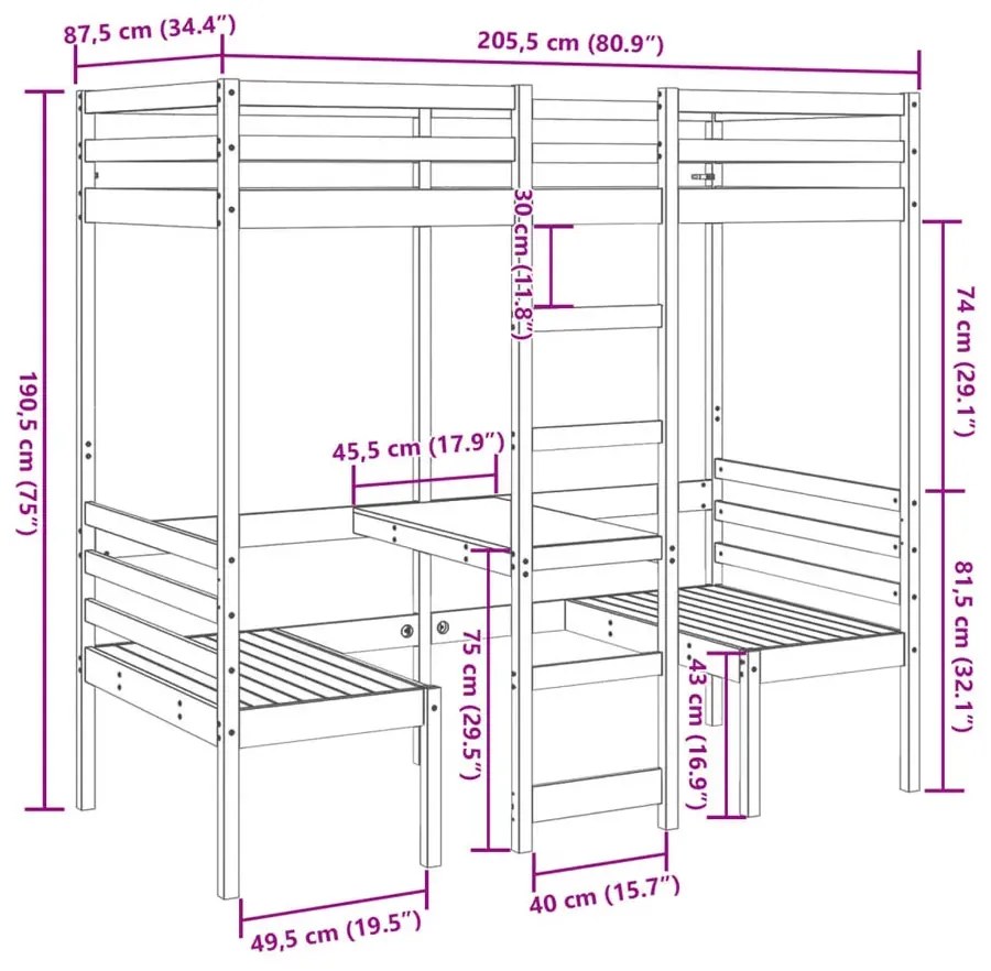 Drewniane łóżko piętrowe z biurkiem i siedziskami 80x200 - Devrix 4X