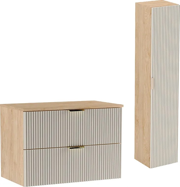 Zestaw Łazienkowy 80cm Szafka Blat Słupek Ryflowane Fronty Kaszmir / Dąb Orzech