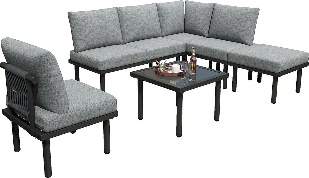 Zestaw mebli ogrodowych modułowych 6-osobowych ze stali ocynkowanej: 1 sofa 2-osobowa + 1 sofa 2-osobowa + 1 stołek + 1 kwadratowy stolik kawowy - Szary