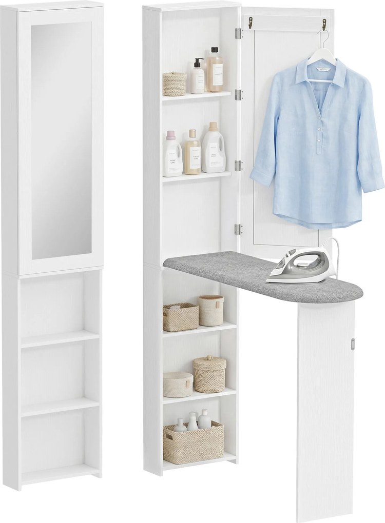 HOMCOM Składana szafka na deskę do prasowania z drzwiami, wewnętrznymi półkami, lustrem. Oszczędzająca miejsce stacja do prasowania 106x35x174 cm biała | Aosom PL