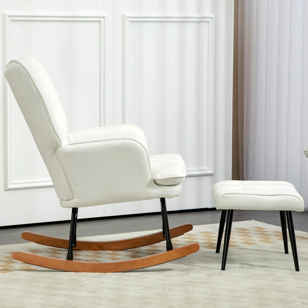 HOMCOM Fotel bujany z podnóżkiem, delikatny system bujania, imitacja lnu, 64 x 89 x 90 cm, kolor kremowy