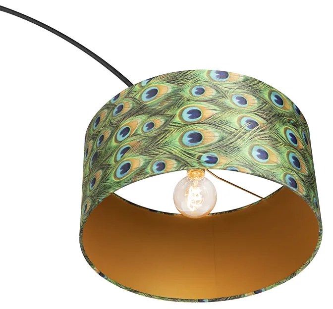 Luk Lampa łukowa botaniczna z czarnym abażurem z aksamitu w wzory pawia 50 cm - XXL Nowoczesny Oswietlenie wewnetrzne