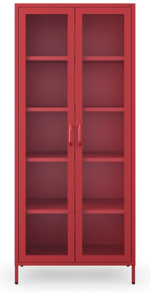 Witryna szklana do salonu na nóżkach czerwona, 800x1850x450 mm: ANGELO Modern