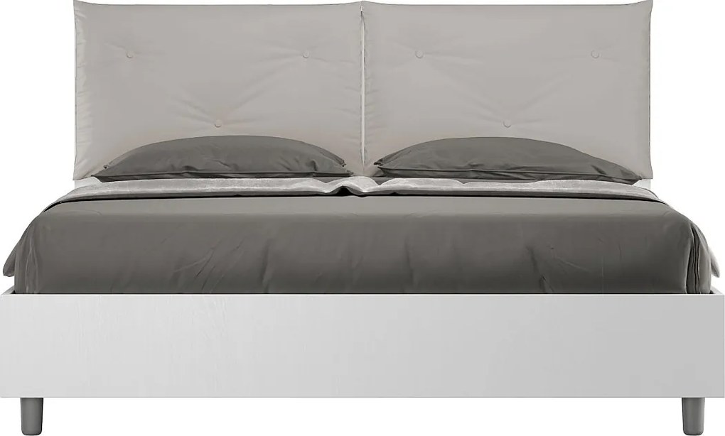 Łóżko podwójne Appia 160x190 cm z pojemnikiem, podwójne podnoszenie, białe drewno jesionowe, poduszki z eco-skóry w kolorze gołębiej szarości