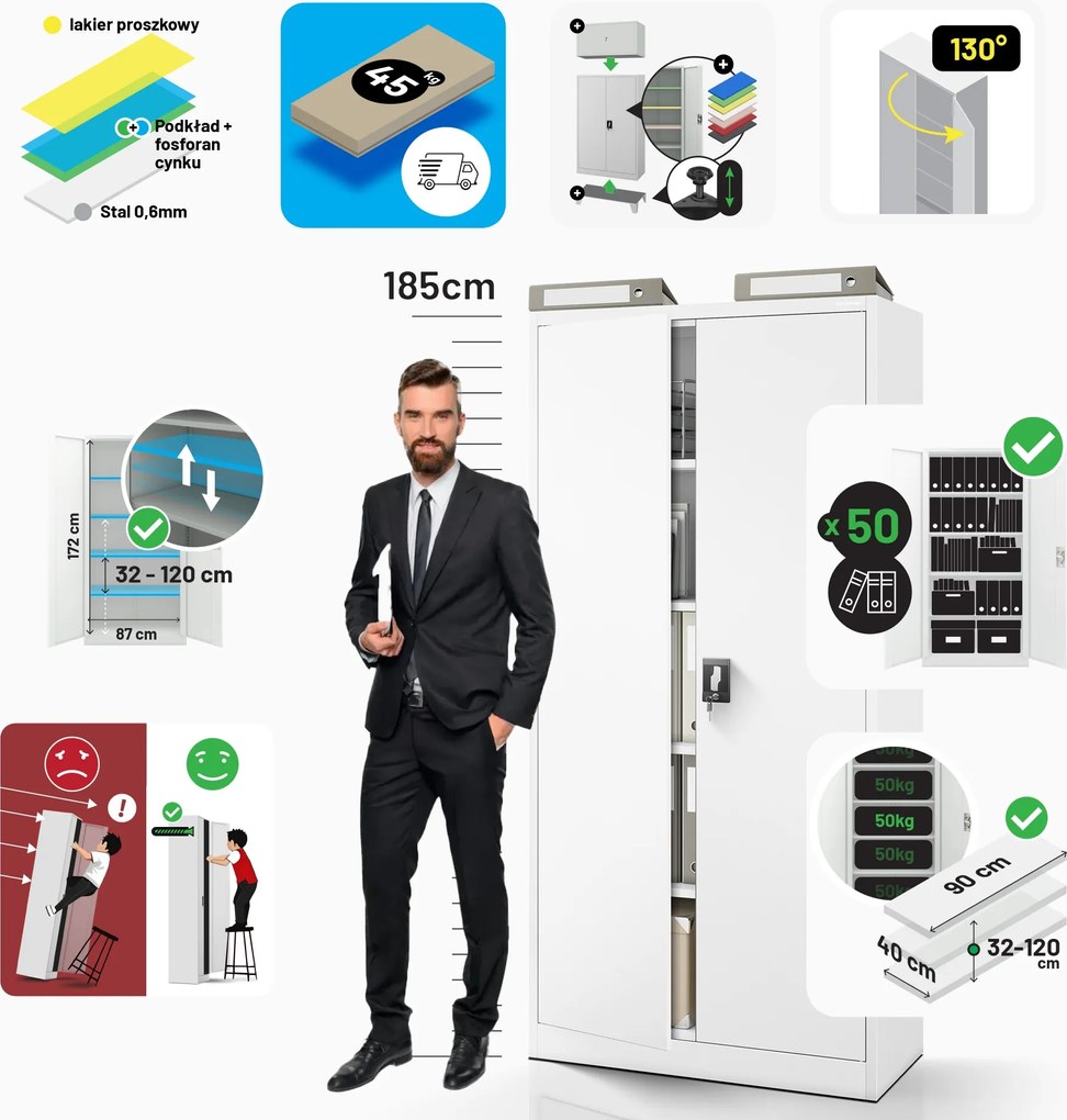 Szafa biurowa na dokumenty szara: JAN, 900 x 1850 x 400 mm