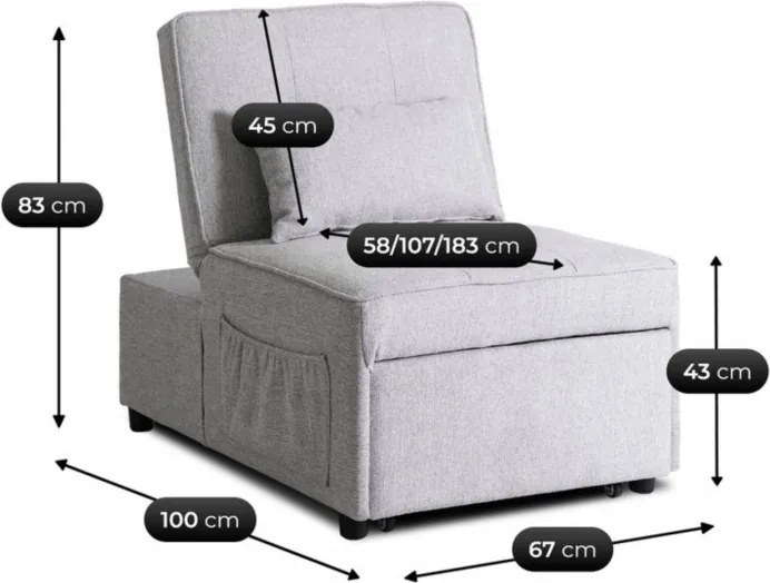 Fotel Wypoczynkowy Rozkładany IBERIS 67 cm Szary Tapicerowany Nowoczesny