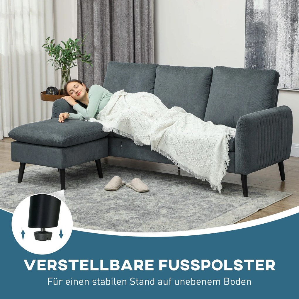 HOMCOM Sofa narożna, 3-osobowa sofa z pufą, Obicie z tkaniny, Zestaw sof L-kształt, Ciemnoszary